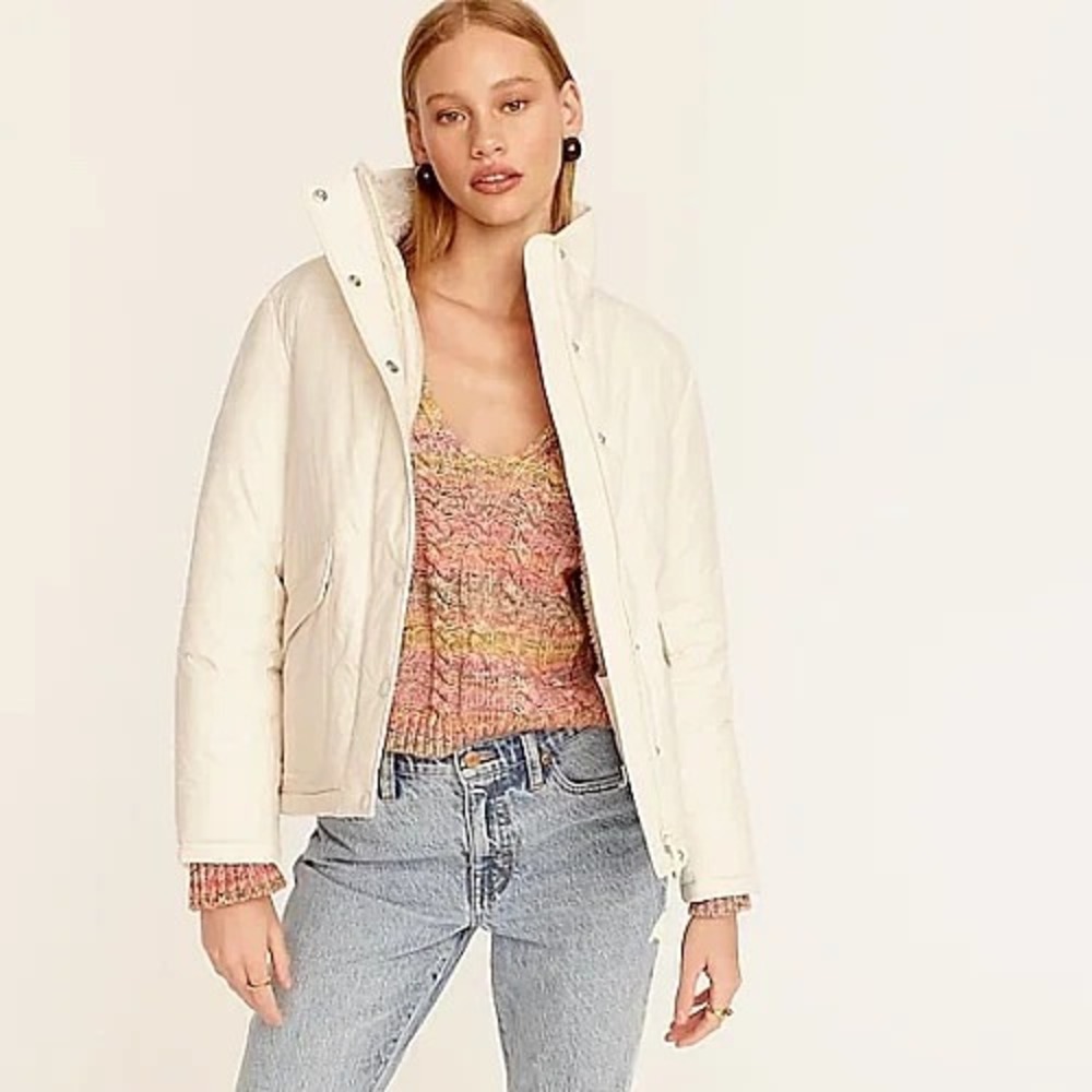 J.Crew XS Womens Sherpa Lined Puffer Jacket White Coat Primaloft $248 Cropped - Picture 1 of 11